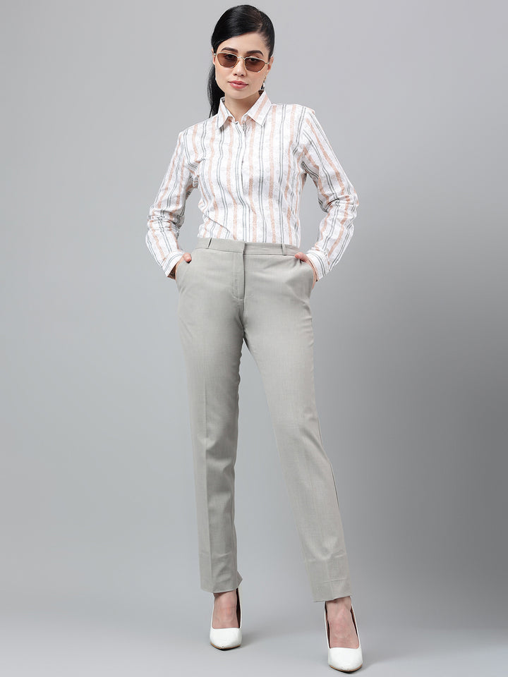 Women White & Coral Floral Stripes Pure Cotton Regular Fit Formal Shirt