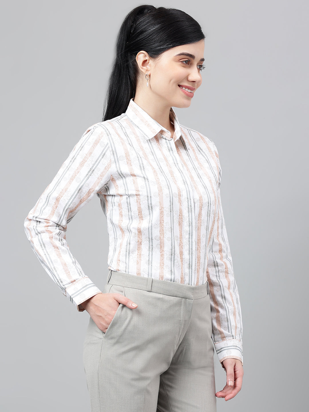 Women White & Coral Floral Stripes Pure Cotton Regular Fit Formal Shirt