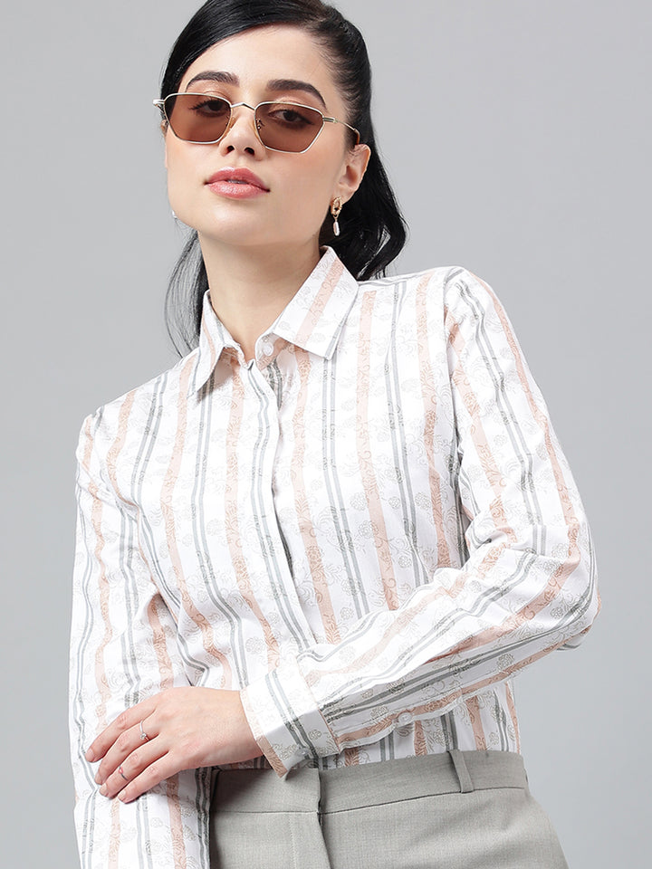 Women White & Coral Floral Stripes Pure Cotton Regular Fit Formal Shirt