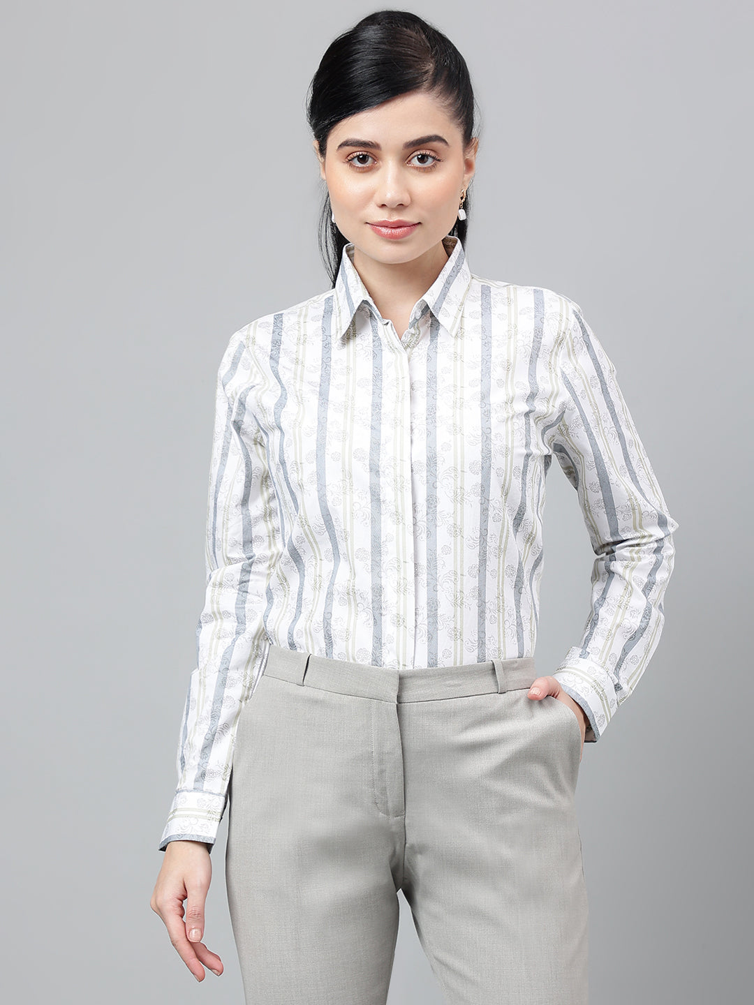 Women White & Grey Floral Stripes Pure Cotton Regular Fit Formal Shirt