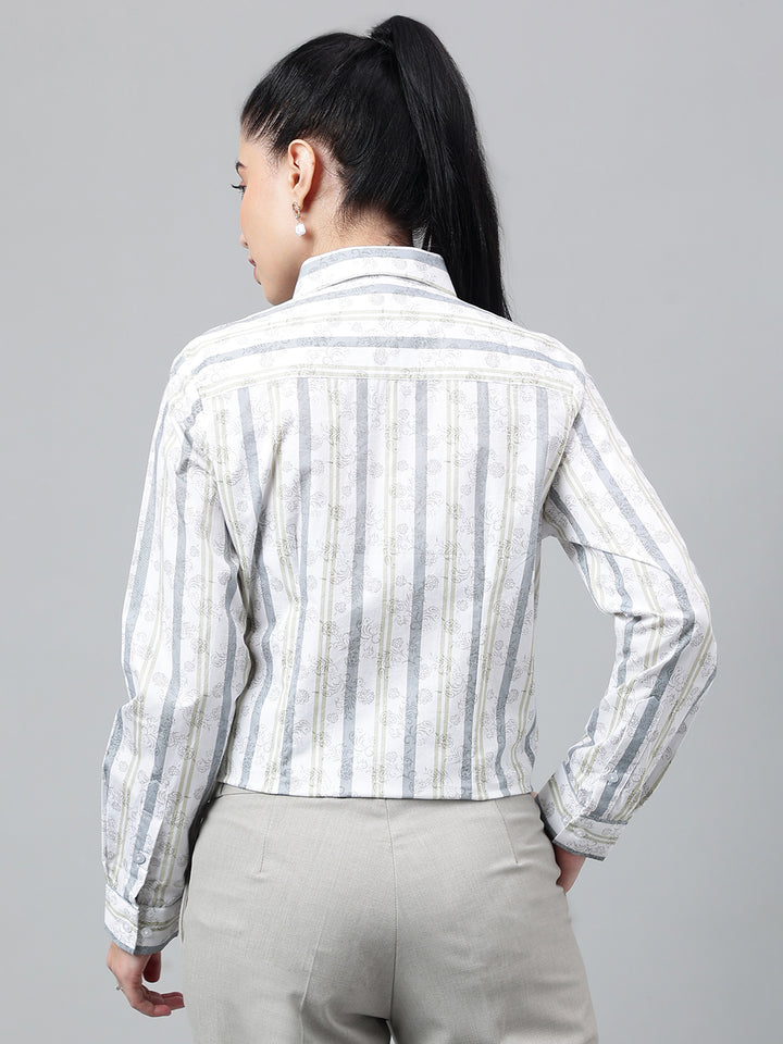 Women White & Grey Floral Stripes Pure Cotton Regular Fit Formal Shirt
