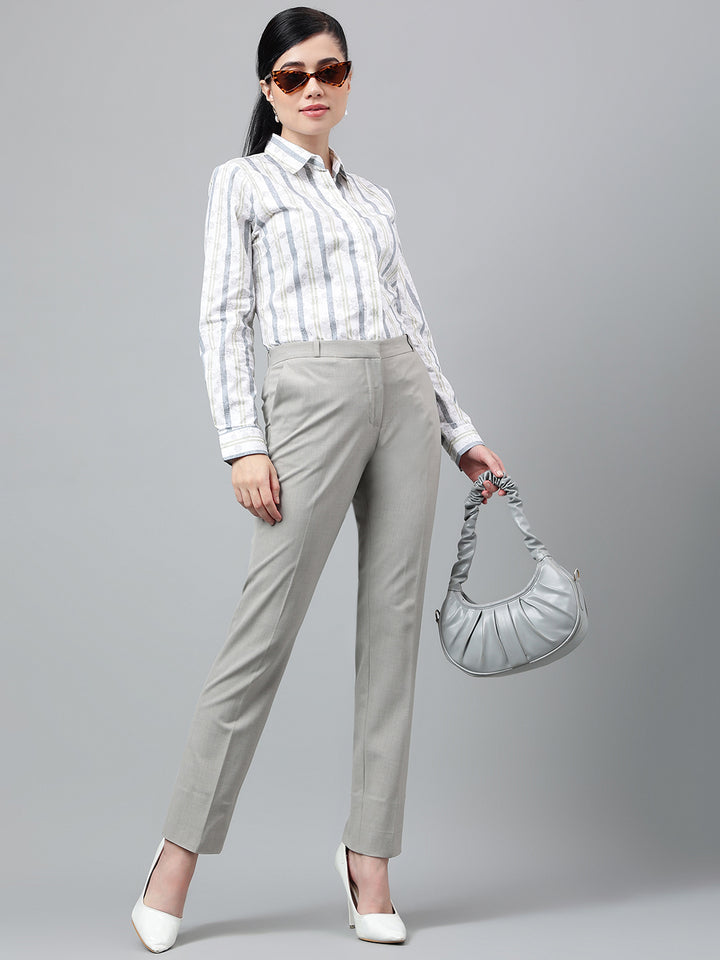 Women White & Grey Floral Stripes Pure Cotton Regular Fit Formal Shirt