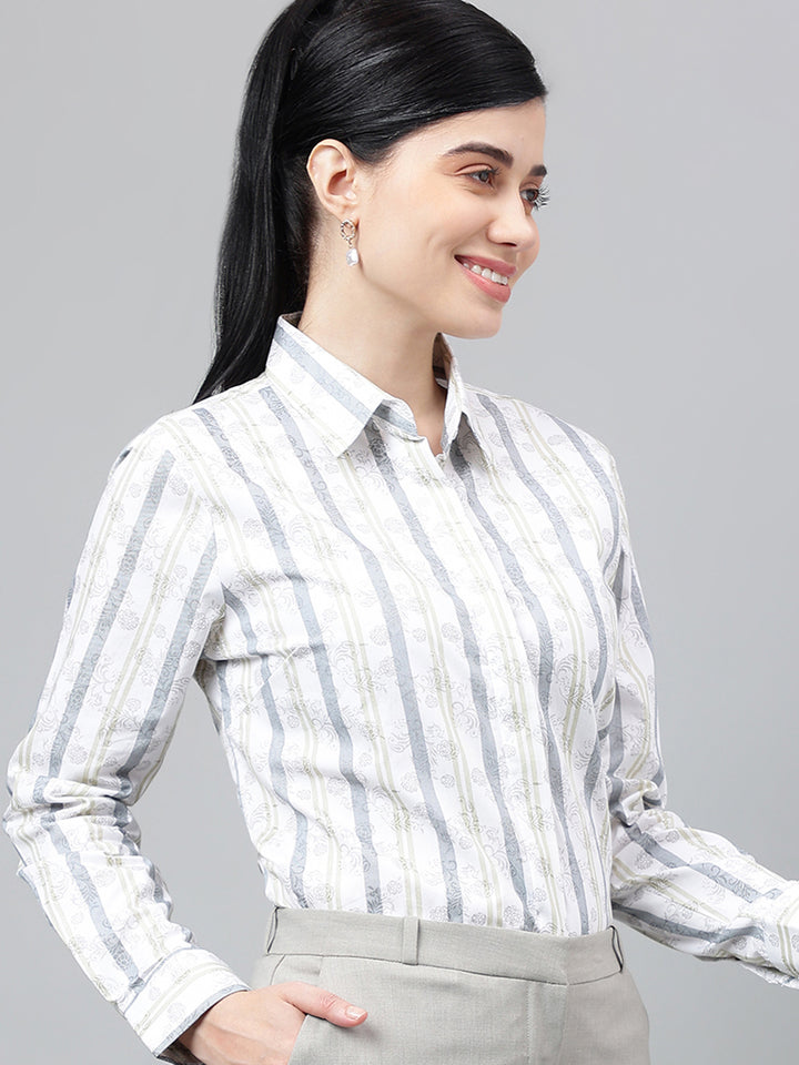 Women White & Grey Floral Stripes Pure Cotton Regular Fit Formal Shirt