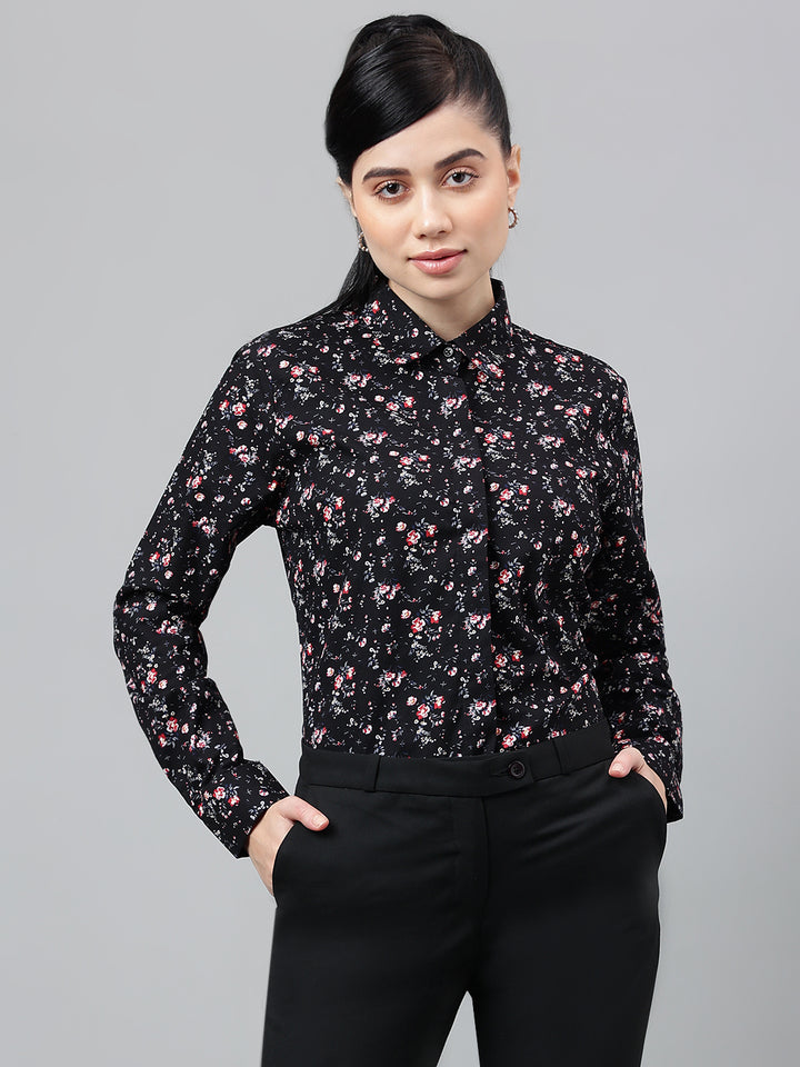 Women Black Floral Printed Pure Cotton Regular Fit Formal Shirt