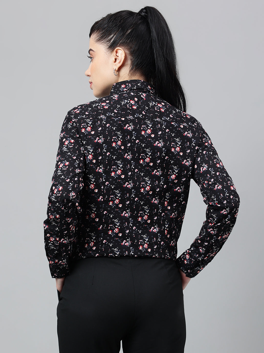 Women Black Floral Printed Pure Cotton Regular Fit Formal Shirt