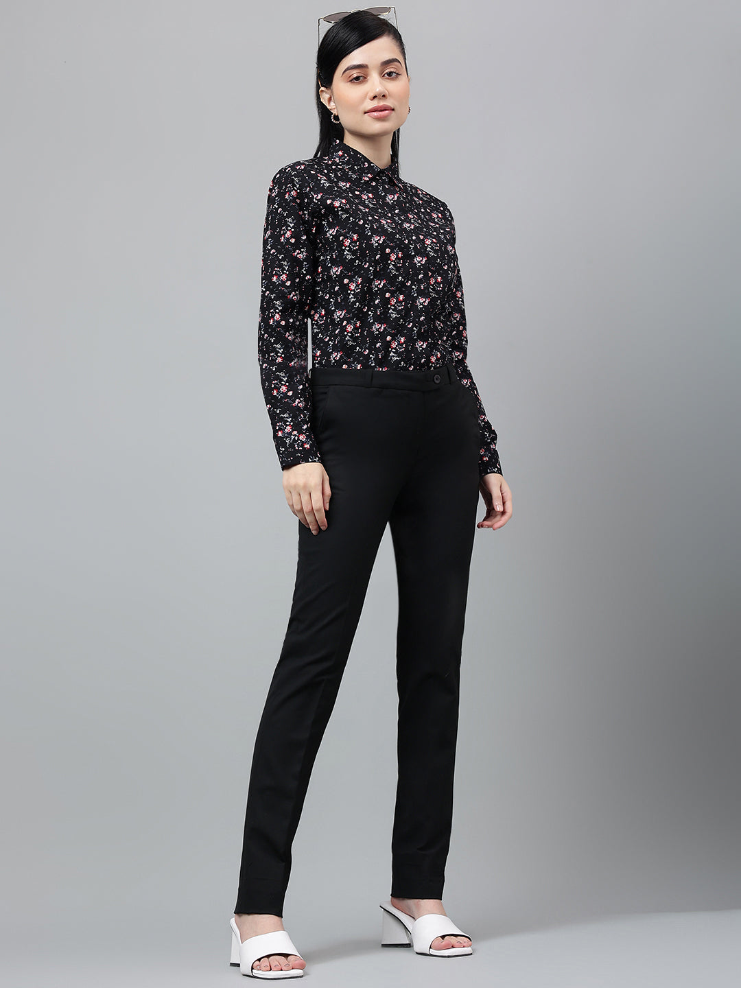 Women Black Floral Printed Pure Cotton Regular Fit Formal Shirt