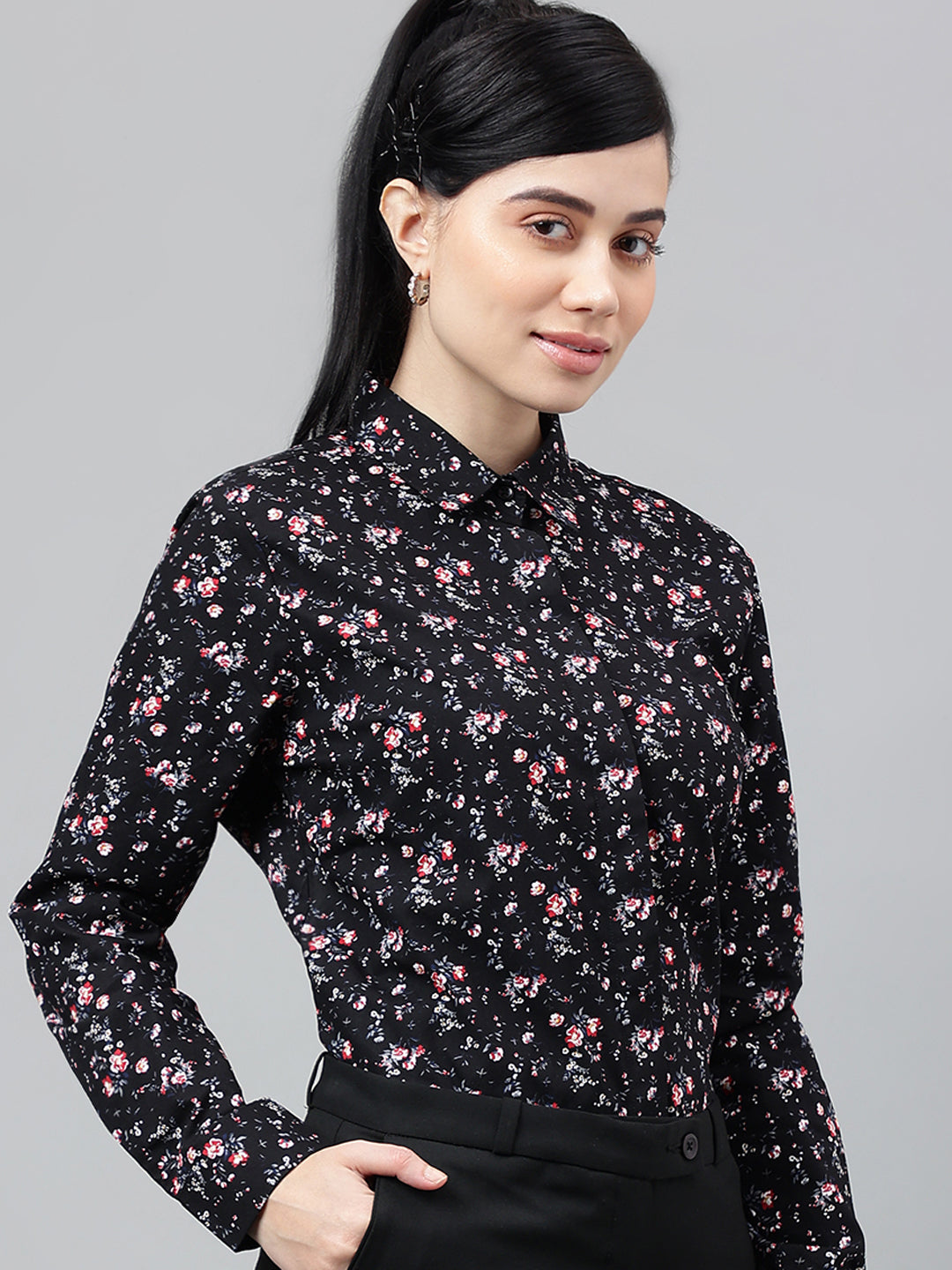 Women Black Floral Printed Pure Cotton Regular Fit Formal Shirt