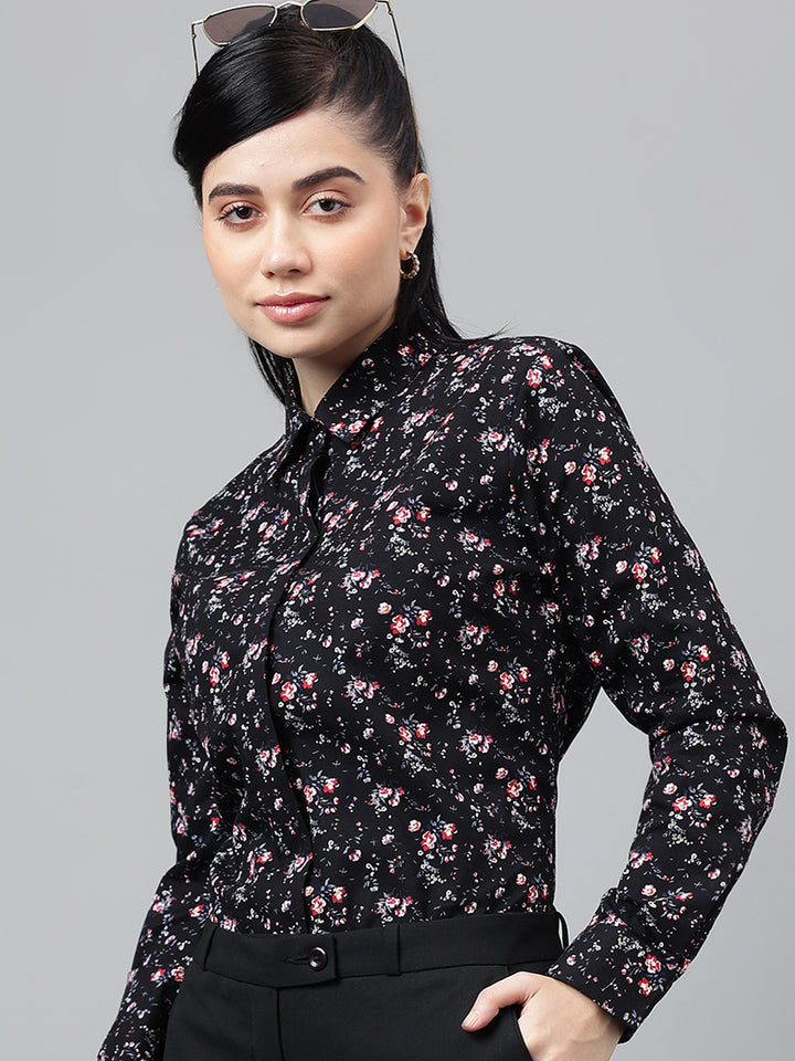 Women Black Floral Printed Pure Cotton Regular Fit Formal Shirt