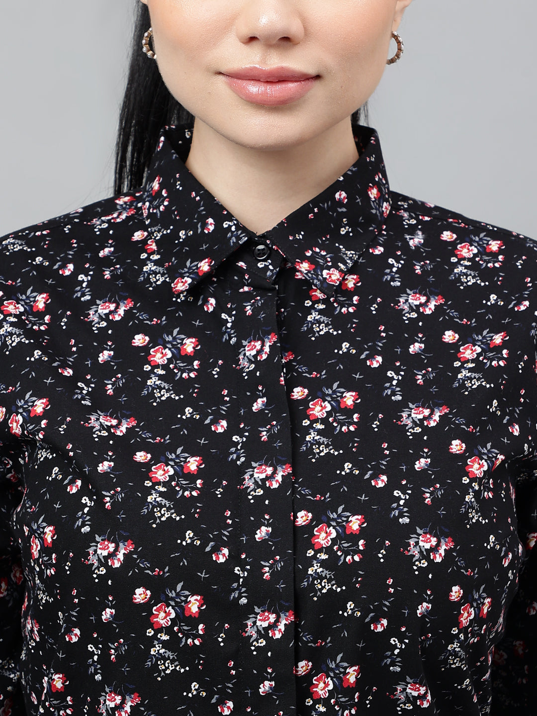 Women Black Floral Printed Pure Cotton Regular Fit Formal Shirt