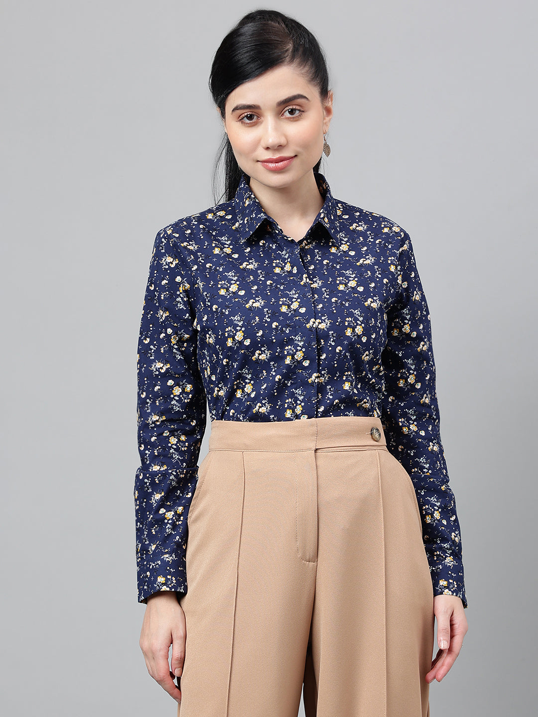 Women Navy Blue Floral Printed Pure Cotton Regular Fit Formal Shirt