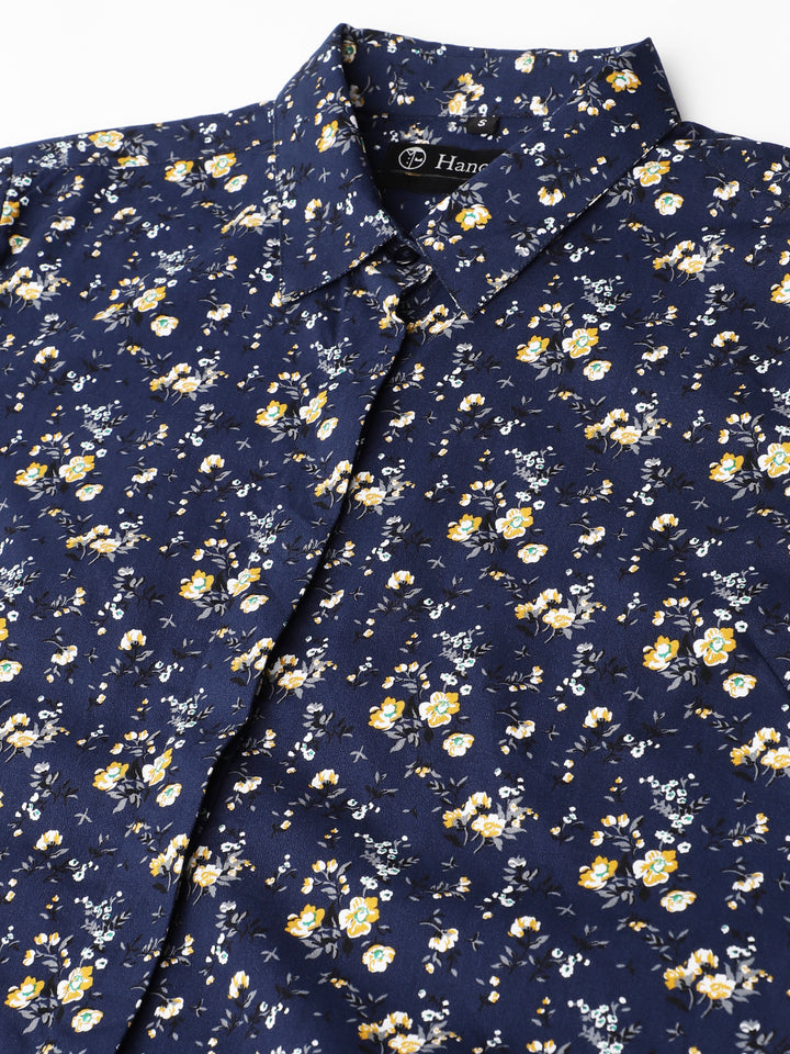 Women Navy Blue Floral Printed Pure Cotton Regular Fit Formal Shirt