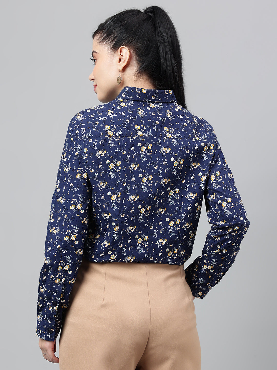 Women Navy Blue Floral Printed Pure Cotton Regular Fit Formal Shirt