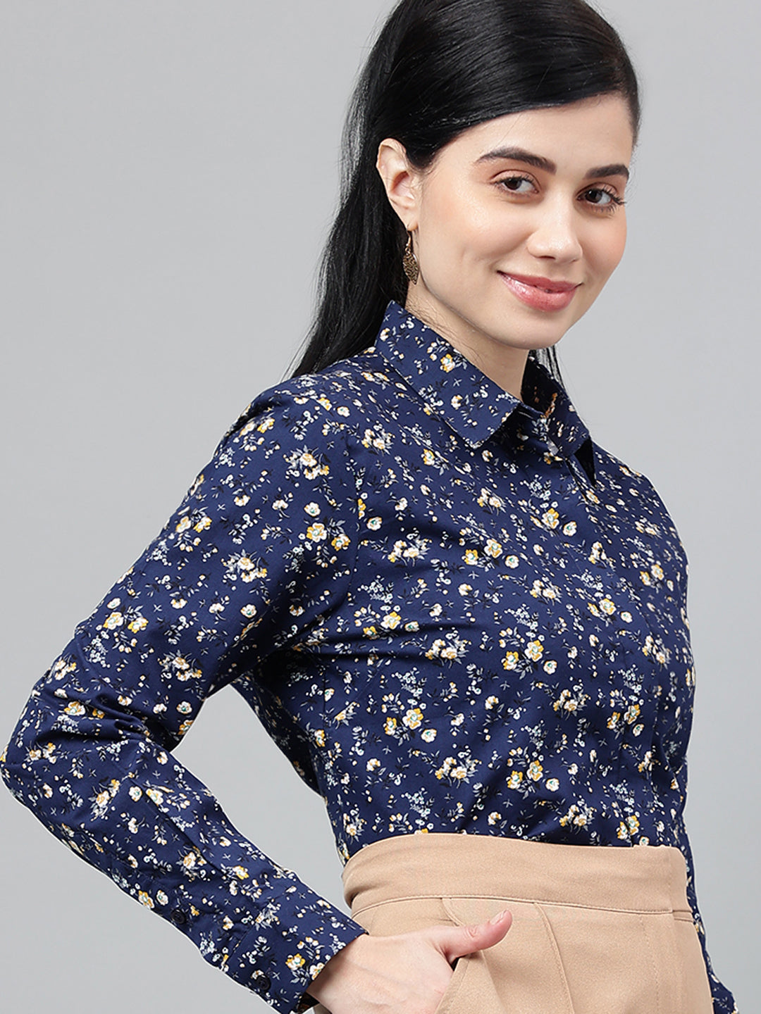 Women Navy Blue Floral Printed Pure Cotton Regular Fit Formal Shirt