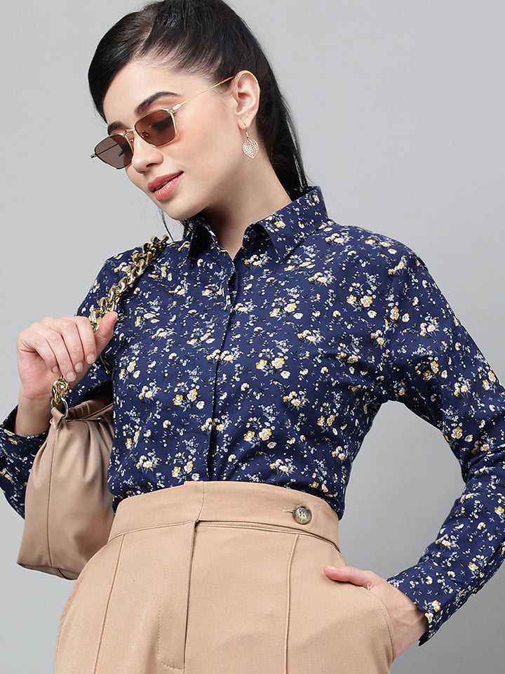 Women Navy Blue Floral Printed Pure Cotton Regular Fit Formal Shirt