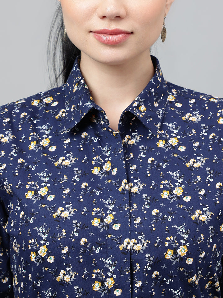 Women Navy Blue Floral Printed Pure Cotton Regular Fit Formal Shirt