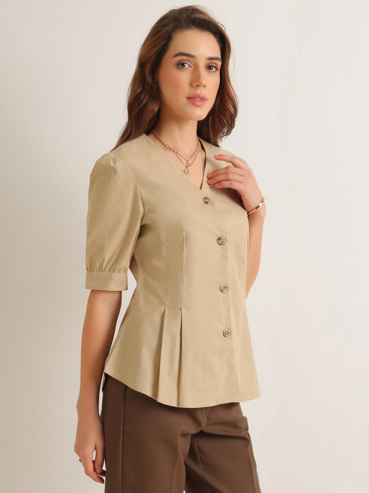 Hancock   Women   Beige   Solids   Pure Cotton   Regular Fit   Formal   Shirt