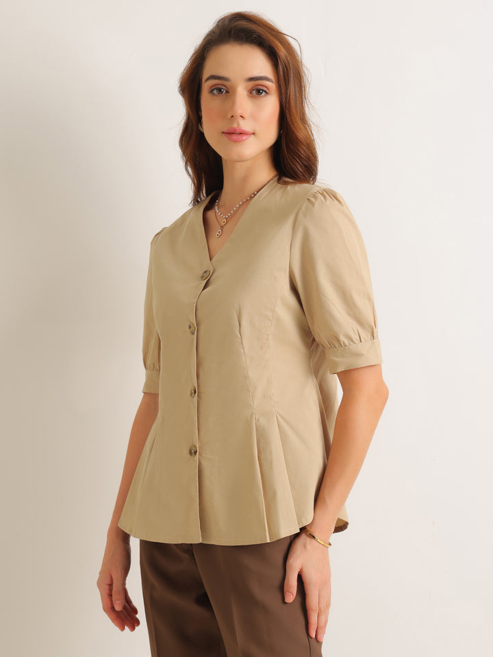 Hancock   Women   Beige   Solids   Pure Cotton   Regular Fit   Formal   Shirt