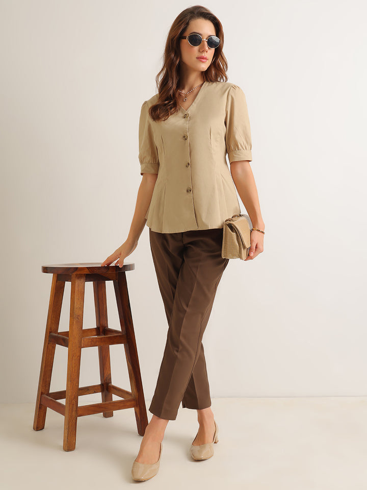 Hancock   Women   Beige   Solids   Pure Cotton   Regular Fit   Formal   Shirt