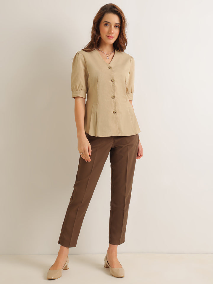 Hancock   Women   Beige   Solids   Pure Cotton   Regular Fit   Formal   Shirt