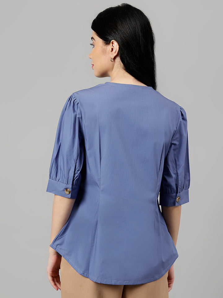 Women Blue Solid V-Neck Pure Cotton Pleated Formal Shirt