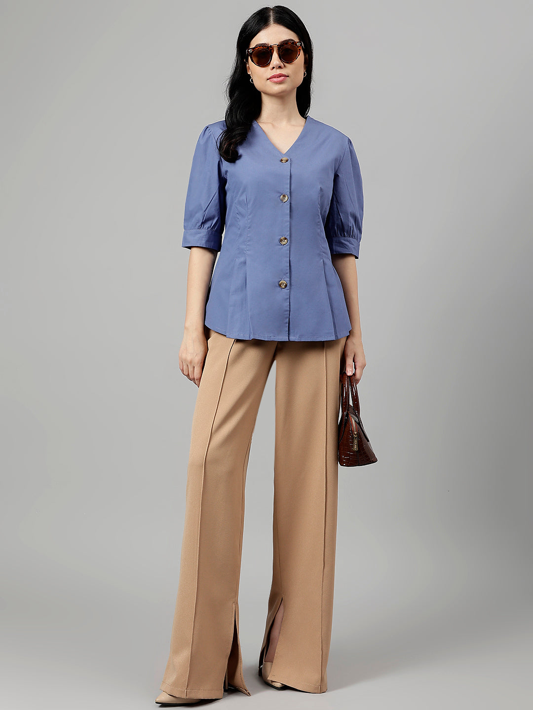 Women Blue Solid V-Neck Pure Cotton Pleated Formal Shirt