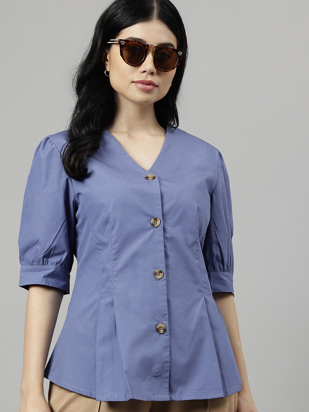 Women Blue Solid V-Neck Pure Cotton Pleated Formal Shirt