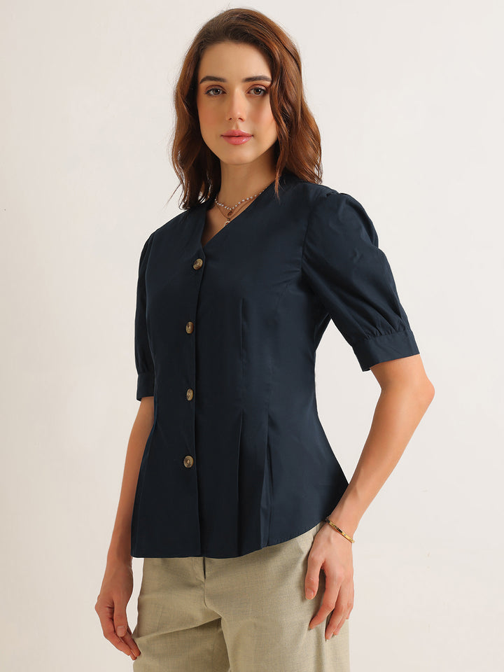 Hancock   Women   Navy Blue   Solids   Pure Cotton   Regular Fit   Formal   Shirt