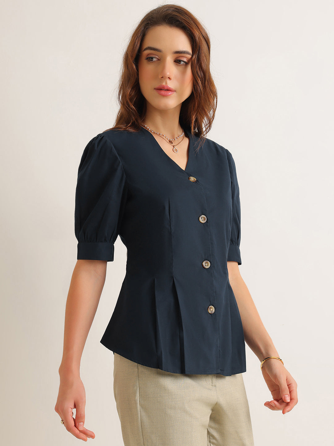 Hancock   Women   Navy Blue   Solids   Pure Cotton   Regular Fit   Formal   Shirt