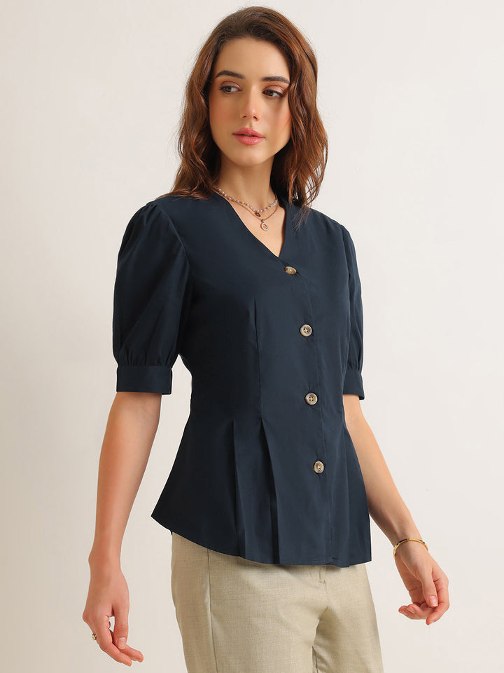 Hancock   Women   Navy Blue   Solids   Pure Cotton   Regular Fit   Formal   Shirt