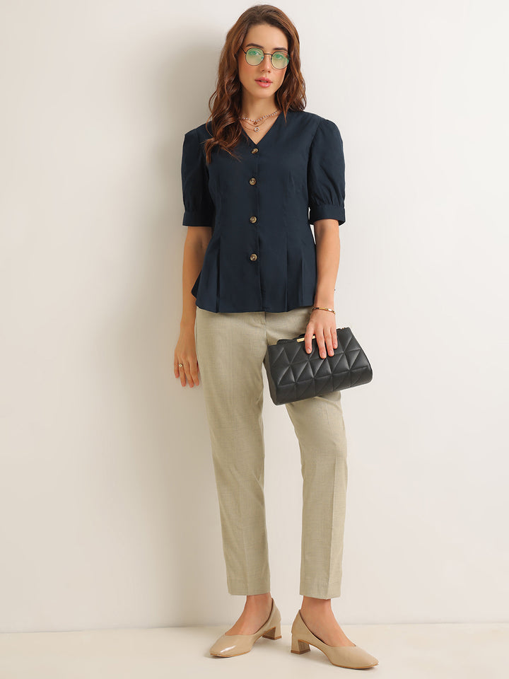 Hancock   Women   Navy Blue   Solids   Pure Cotton   Regular Fit   Formal   Shirt