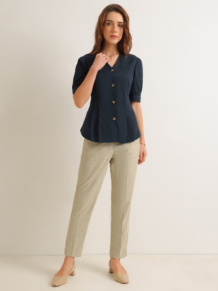 Hancock   Women   Navy Blue   Solids   Pure Cotton   Regular Fit   Formal   Shirt