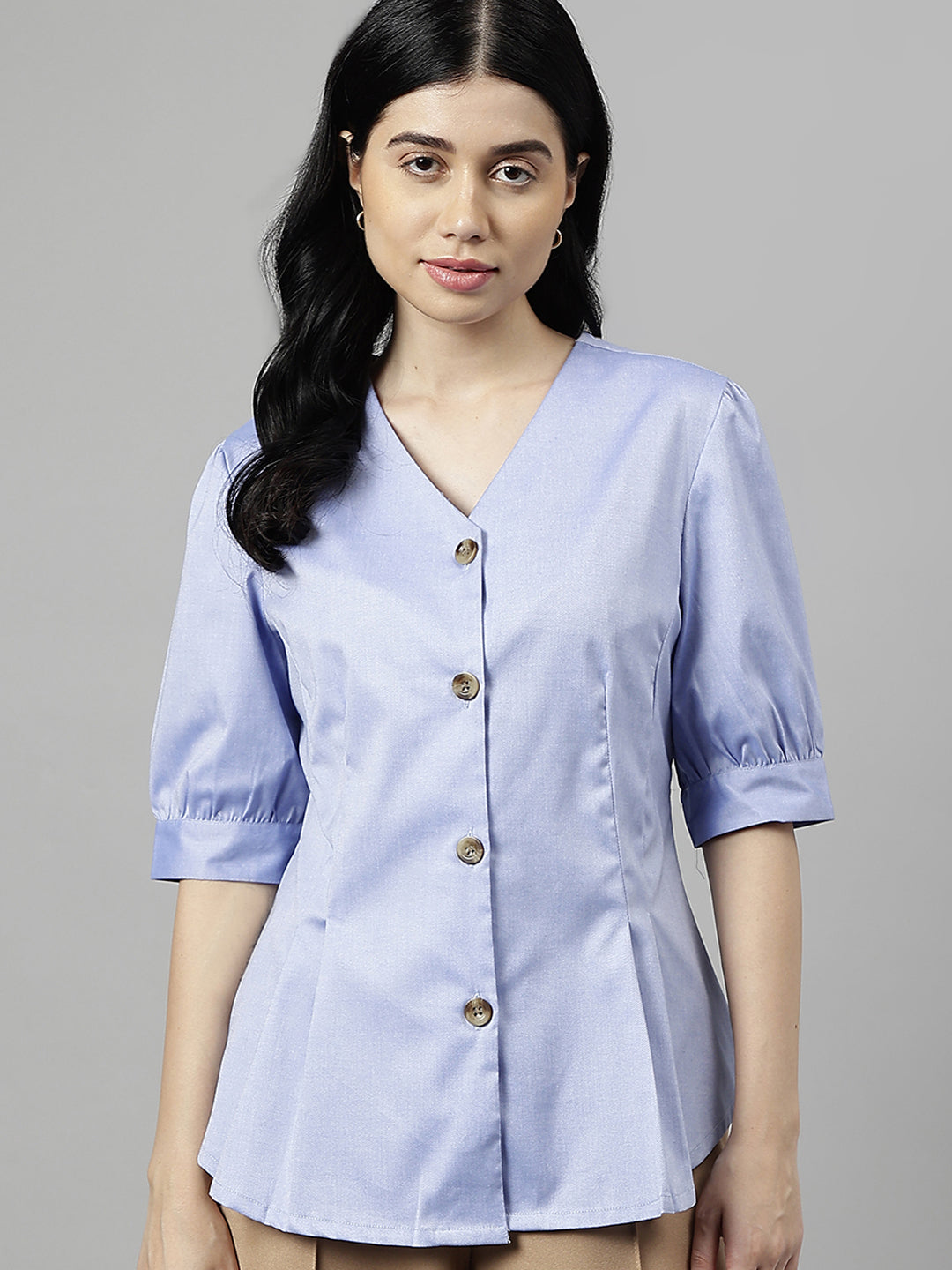 Women Blue Solid  Chambray V-Neck Pure Cotton Pleated Formal Shirt