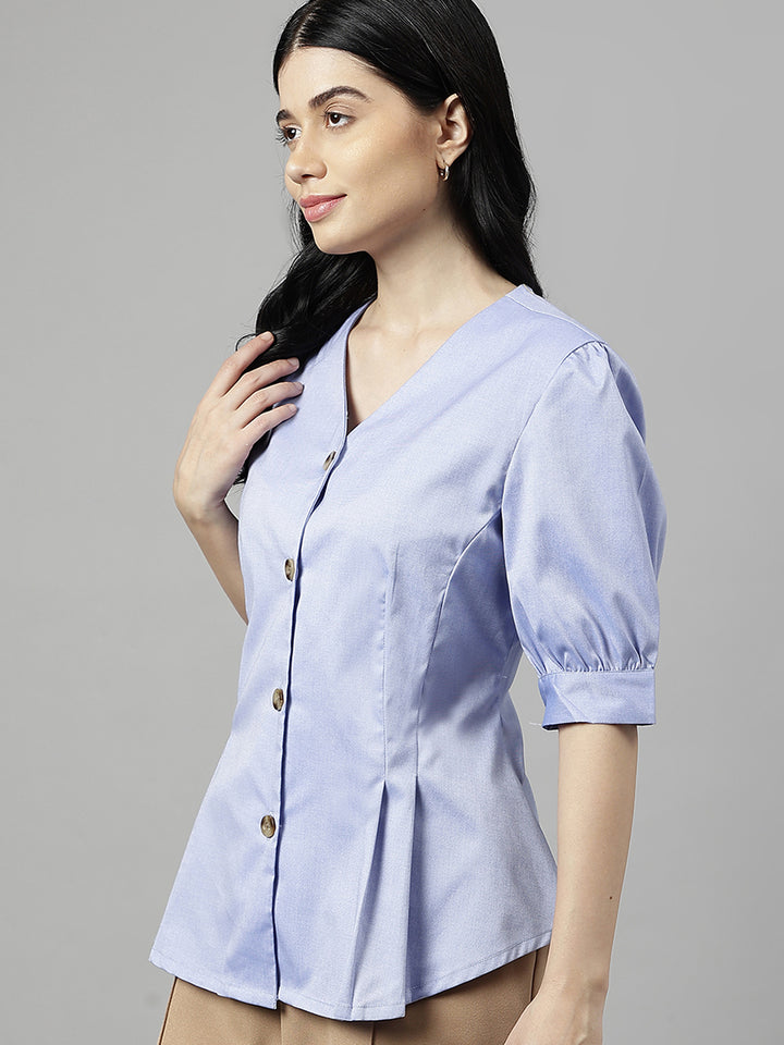 Women Blue Solid  Chambray V-Neck Pure Cotton Pleated Formal Shirt