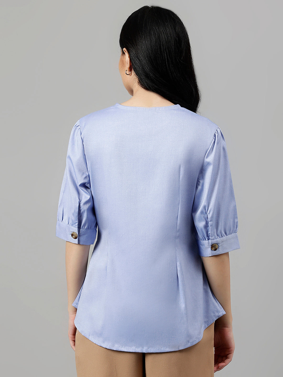 Women Blue Solid  Chambray V-Neck Pure Cotton Pleated Formal Shirt