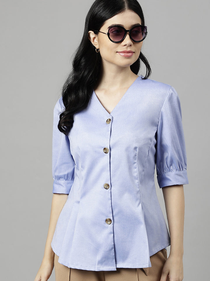 Women Blue Solid  Chambray V-Neck Pure Cotton Pleated Formal Shirt