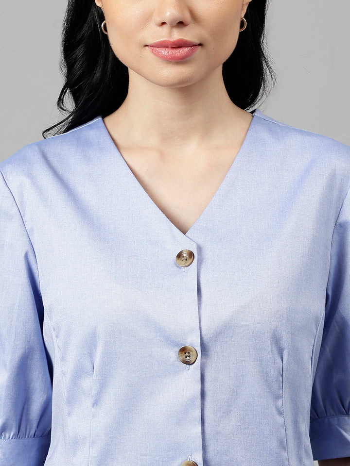 Women Blue Solid  Chambray V-Neck Pure Cotton Pleated Formal Shirt