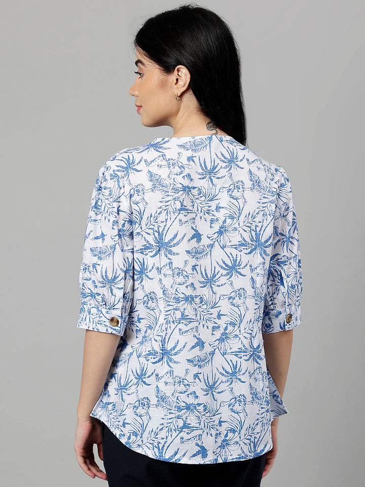 Women White & Blue Floral Printed V Neck Pure Cotton Pleated Formal Shirt