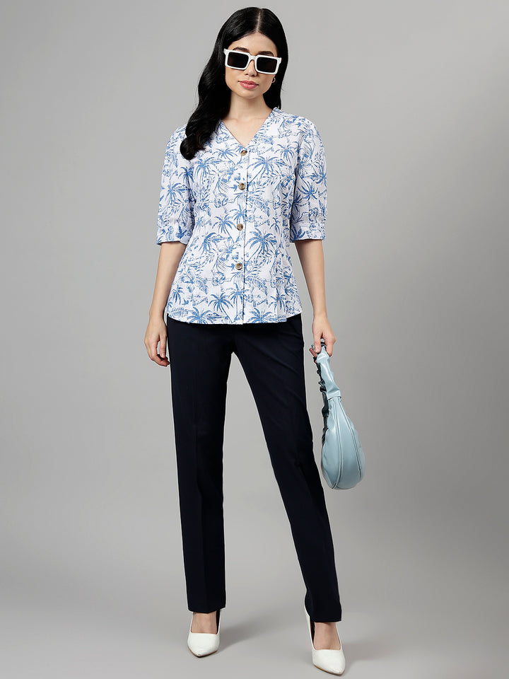 Women White & Blue Floral Printed V Neck Pure Cotton Pleated Formal Shirt