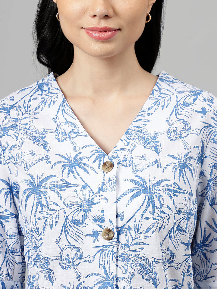 Women White & Blue Floral Printed V Neck Pure Cotton Pleated Formal Shirt