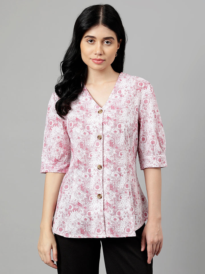 Women White & Magenta Floral Printed V-Neck Pure Cotton Pleated Formal Shirt