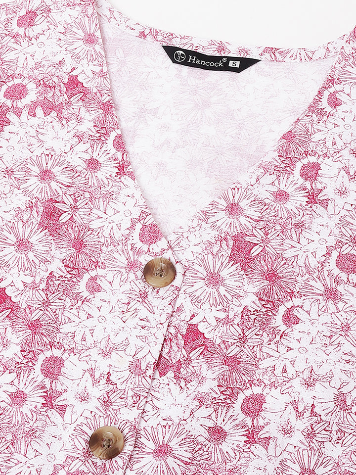 Women White & Magenta Floral Printed V-Neck Pure Cotton Pleated Formal Shirt