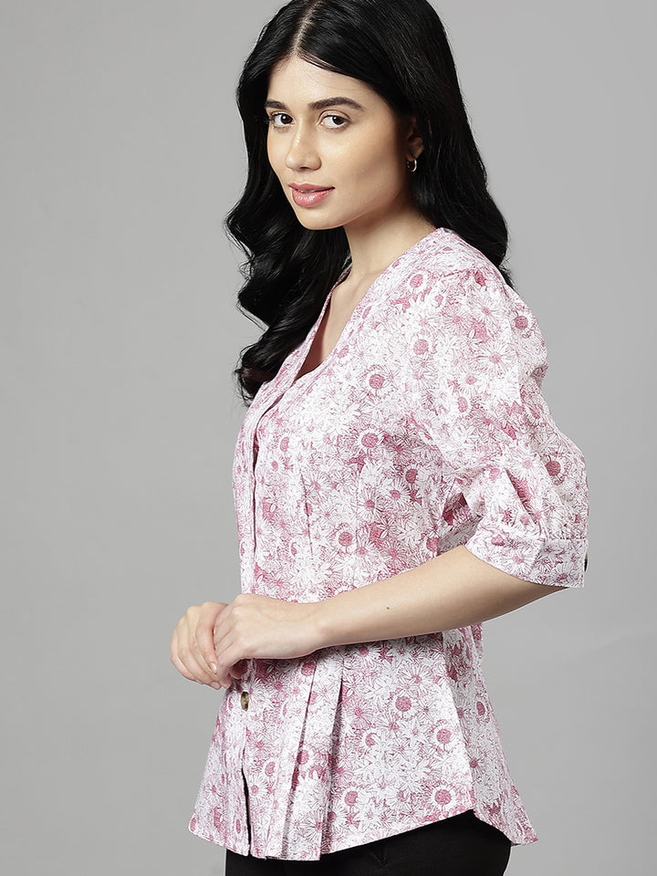 Women White & Magenta Floral Printed V-Neck Pure Cotton Pleated Formal Shirt