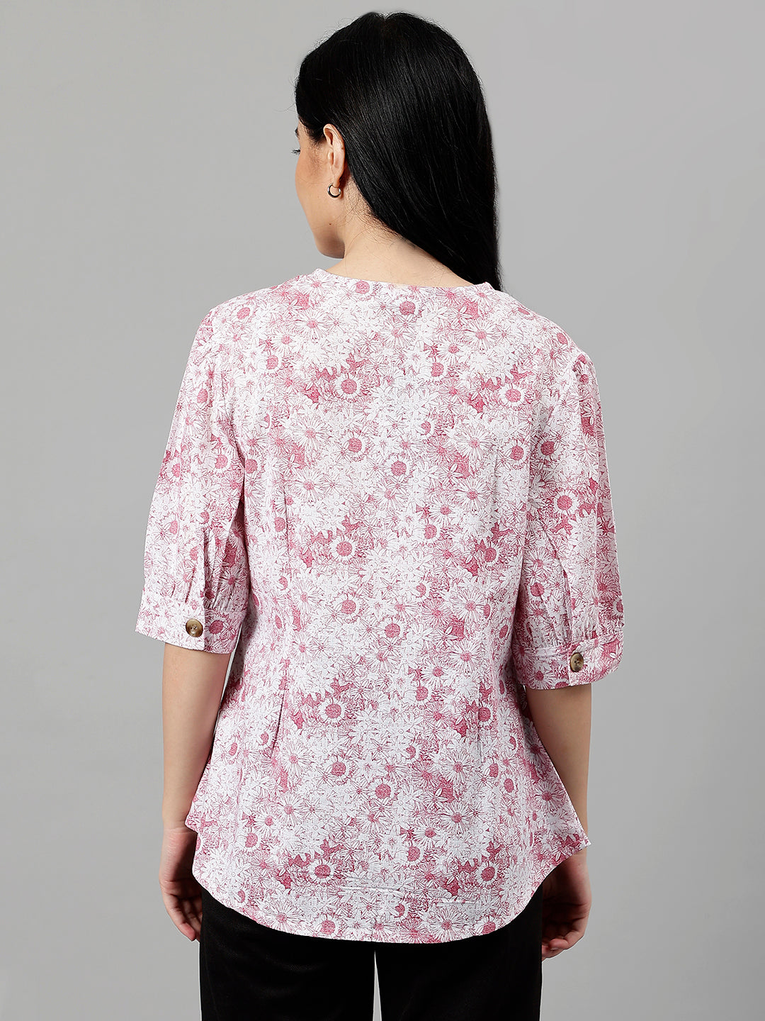 Women White & Magenta Floral Printed V-Neck Pure Cotton Pleated Formal Shirt