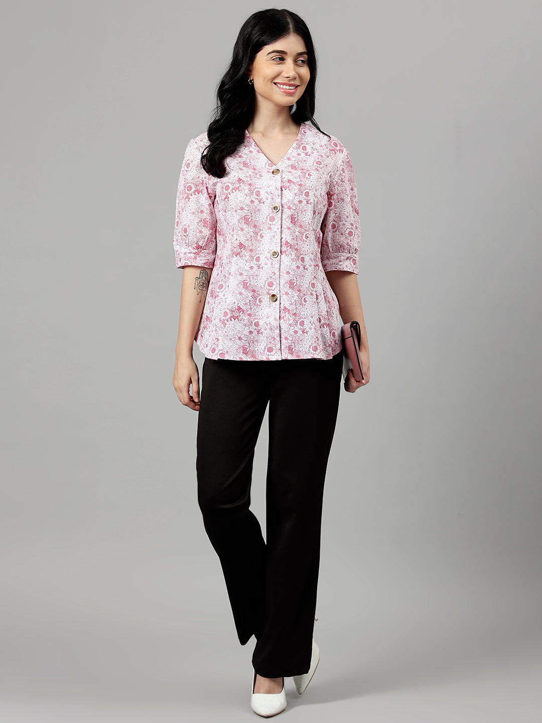 Women White & Magenta Floral Printed V-Neck Pure Cotton Pleated Formal Shirt