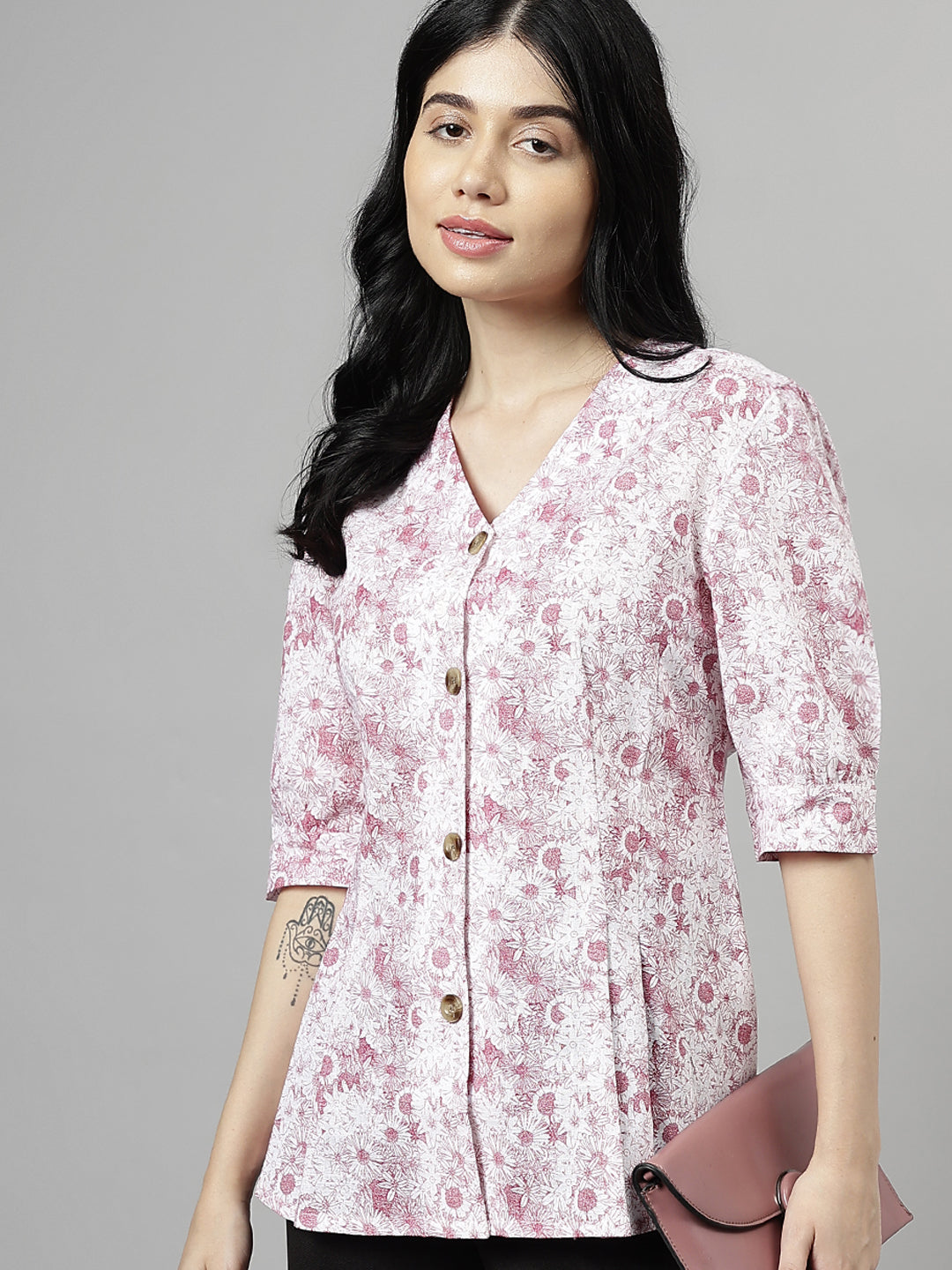 Women White & Magenta Floral Printed V-Neck Pure Cotton Pleated Formal Shirt