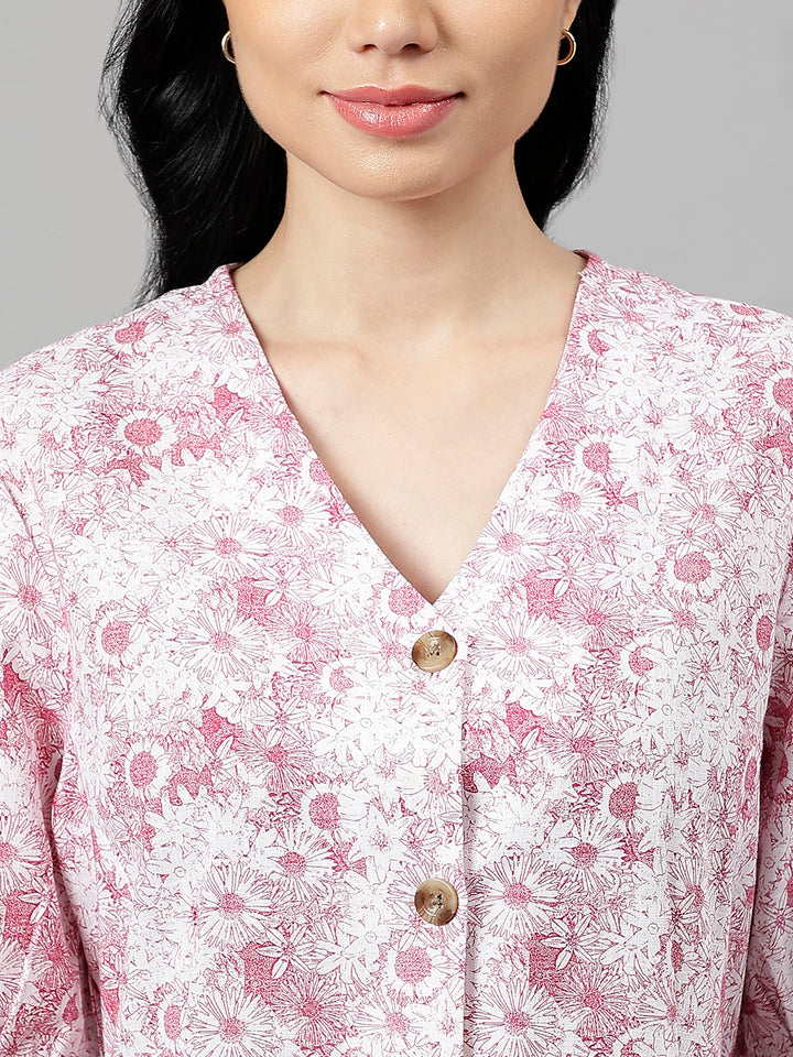 Women White & Magenta Floral Printed V-Neck Pure Cotton Pleated Formal Shirt