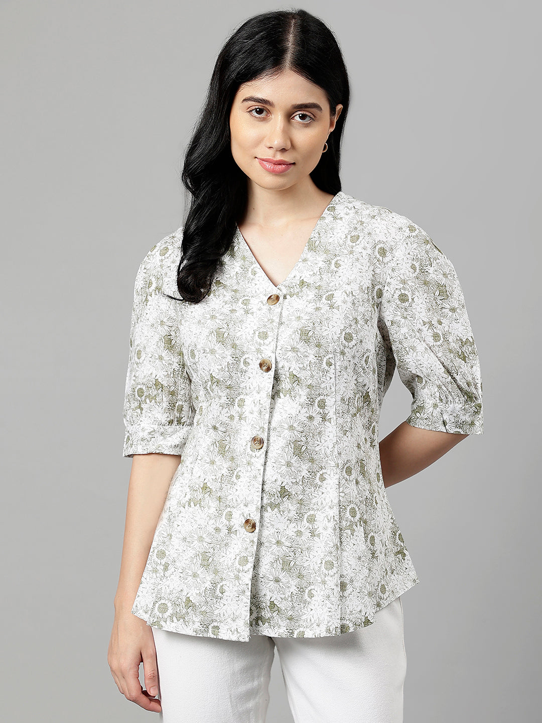 Women White & Green Floral Printed V-Neck Pure Cotton Pleated Formal Shirt