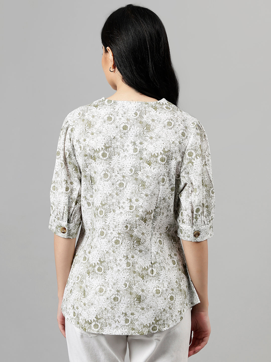 Women White & Green Floral Printed V-Neck Pure Cotton Pleated Formal Shirt