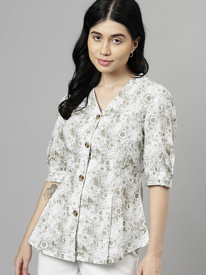 Women White & Green Floral Printed V-Neck Pure Cotton Pleated Formal Shirt