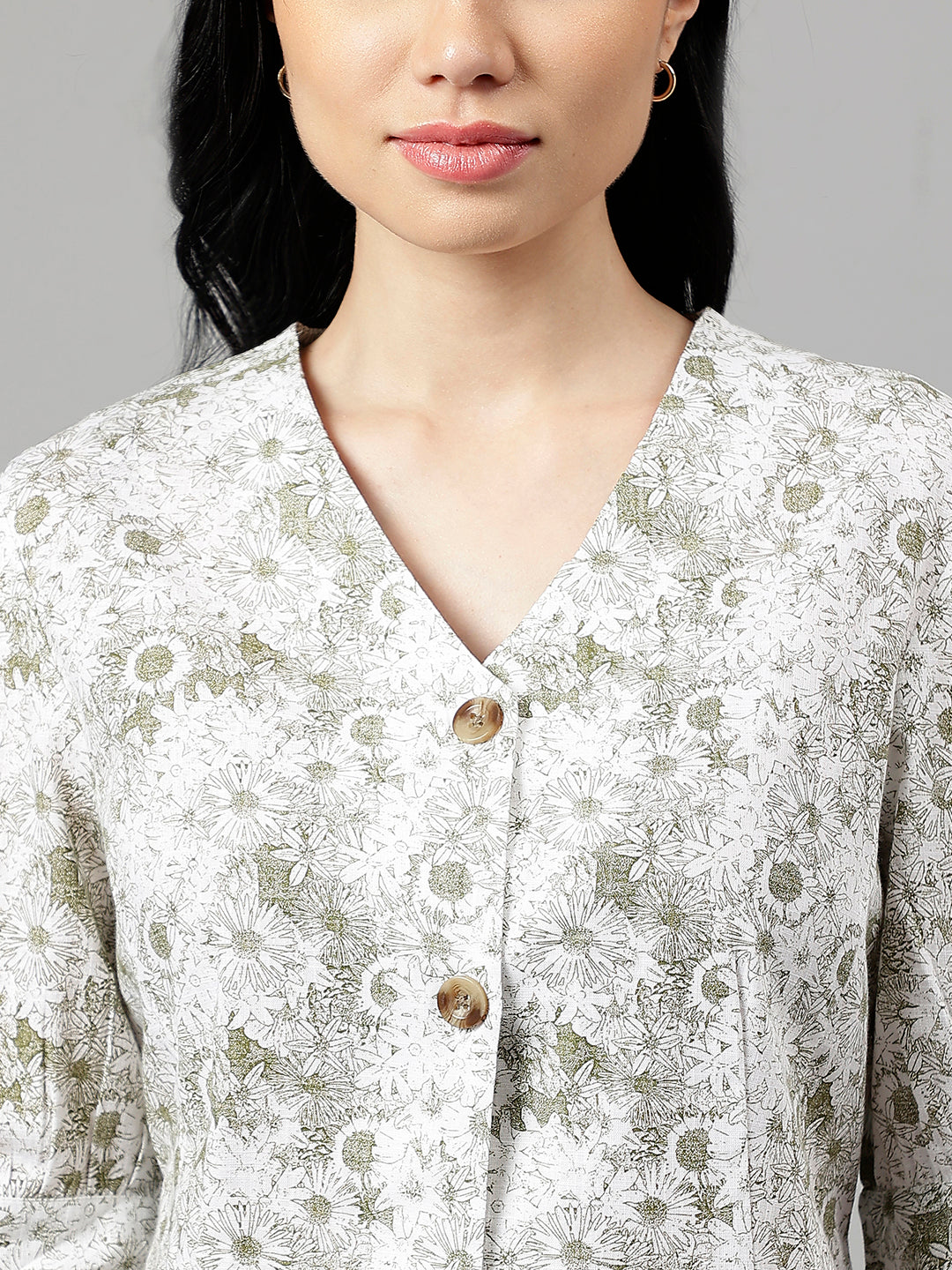 Women White & Green Floral Printed V-Neck Pure Cotton Pleated Formal Shirt